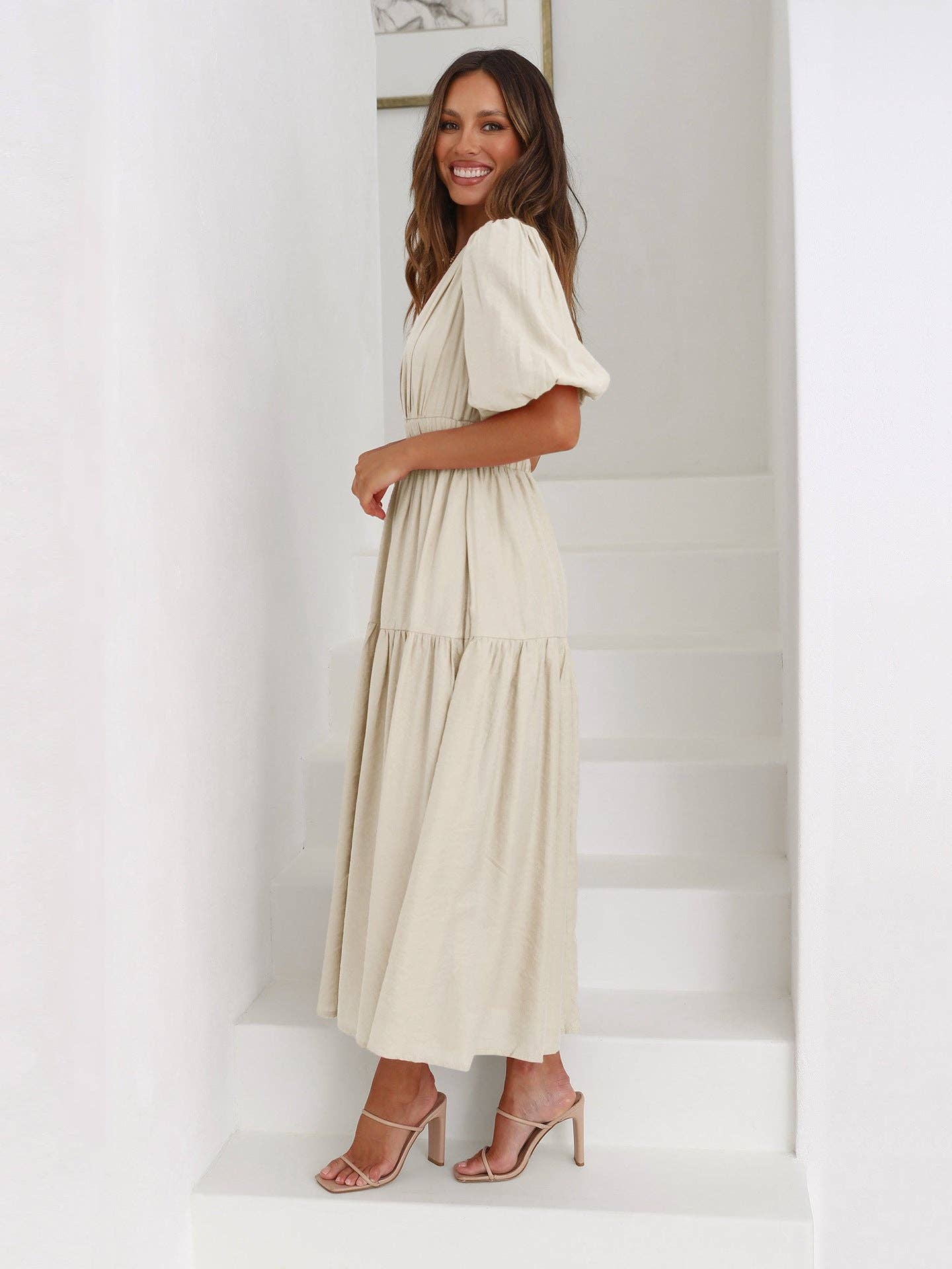 Ladies Bubble Sleeves V-Neck Daily Midi Dress