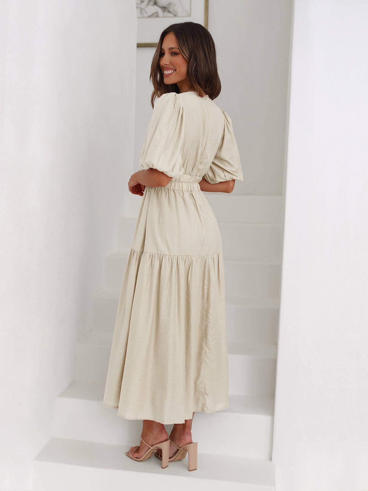 Ladies Bubble Sleeves V-Neck Daily Midi Dress