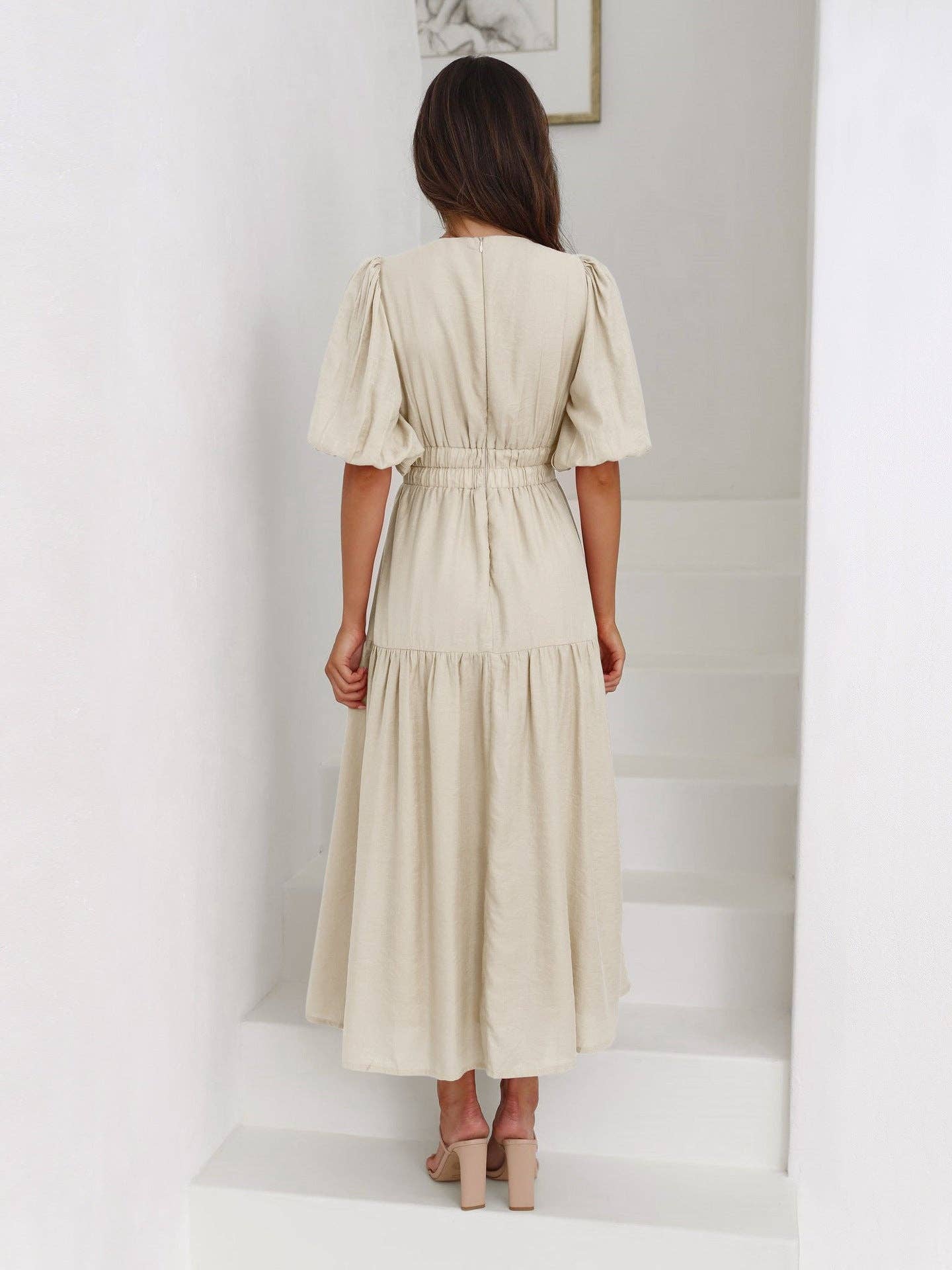 Ladies Bubble Sleeves V-Neck Daily Midi Dress