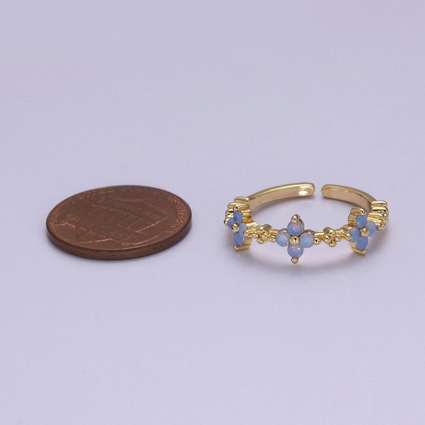 Dainty Blue Opal Flower Ring Open Adjustable Gold Filled Band