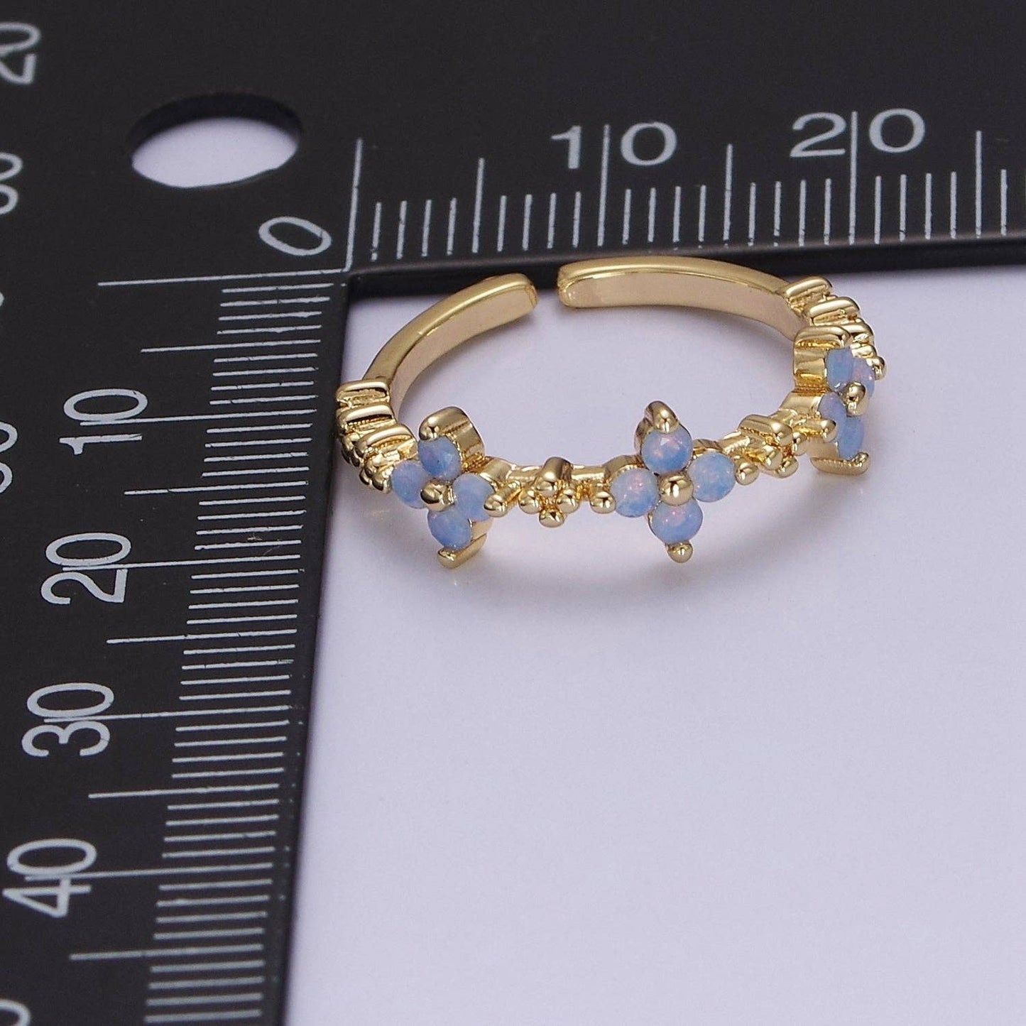 Dainty Blue Opal Flower Ring Open Adjustable Gold Filled Band