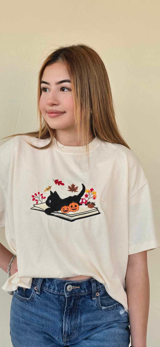 Black Cat on Book Embroidered Shirt