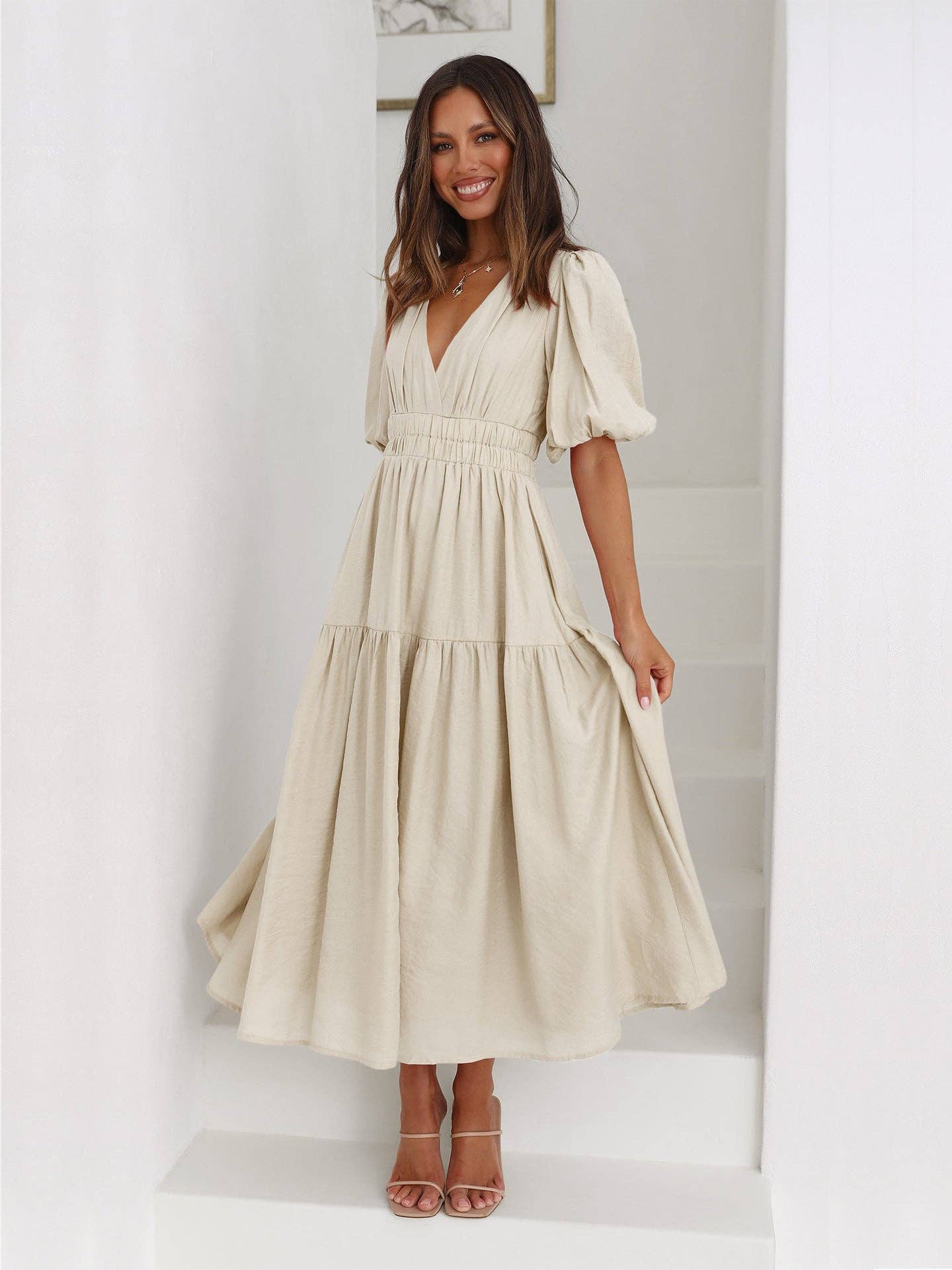 Ladies Bubble Sleeves V-Neck Daily Midi Dress
