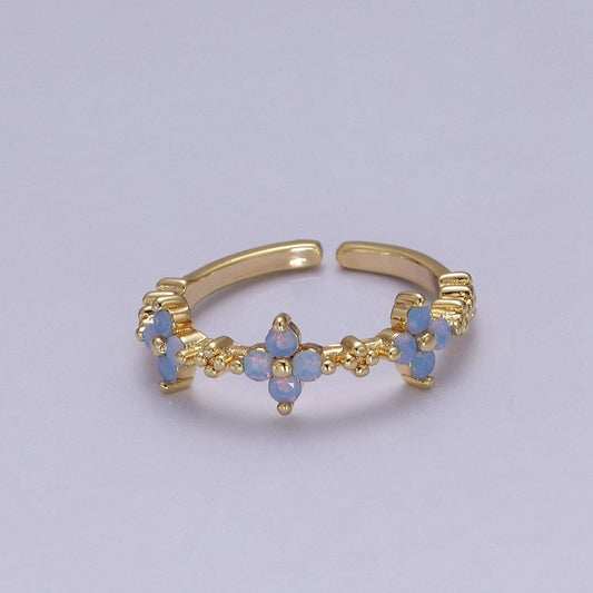 Dainty Blue Opal Flower Ring Open Adjustable Gold Filled Band